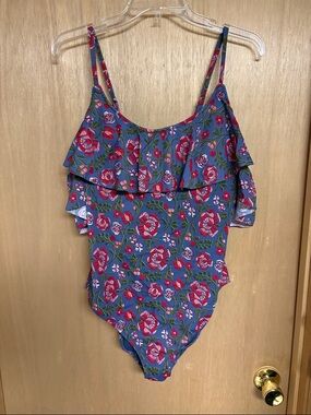 Adore Me XL Blue/Gray Floral Ruffle One-Piece Swimsuit